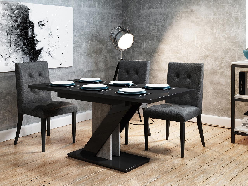 Moderný stôl Exalior (čierny lesk + betón)