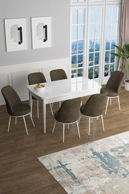 Set dining Hana (alb + maro) (pentru 6 persoane)