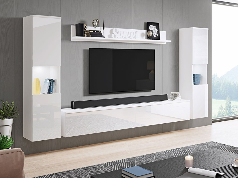 Mobilier living Nova XL (Alb + Alb lucios) (Iluminat LED alb)