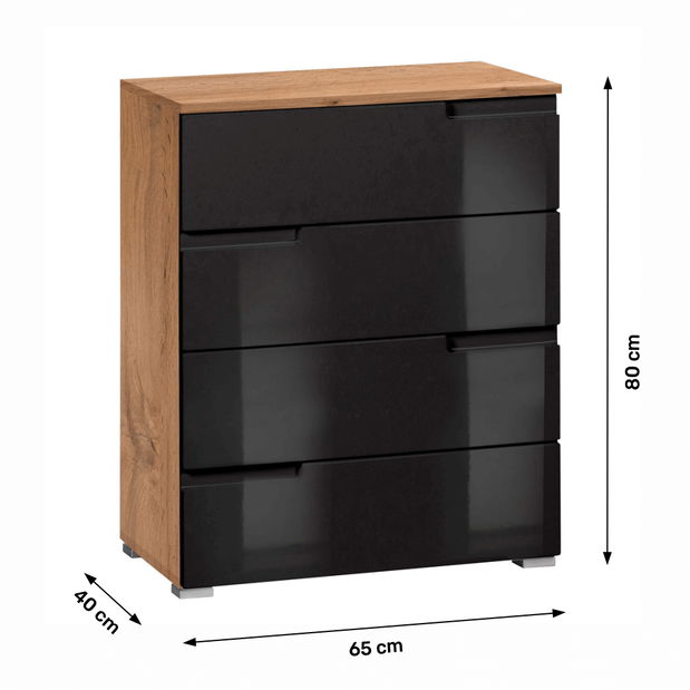 Comodă cu sertare Merissa typ 4 (negru lucios + stejar wotan) 