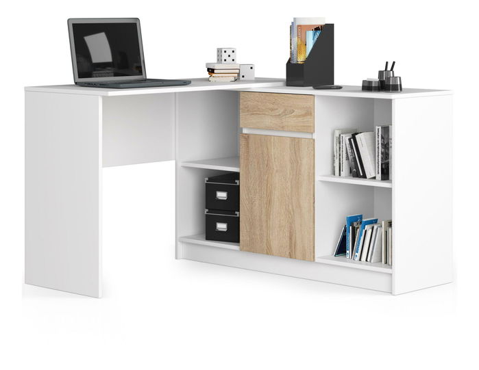 Rohový PC stolík Bahar (biela + dub sonoma)
