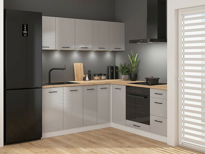 Kutna kuhinja Junona Line 200 + 200 cm (bijela + svijetlosivi sjaj)