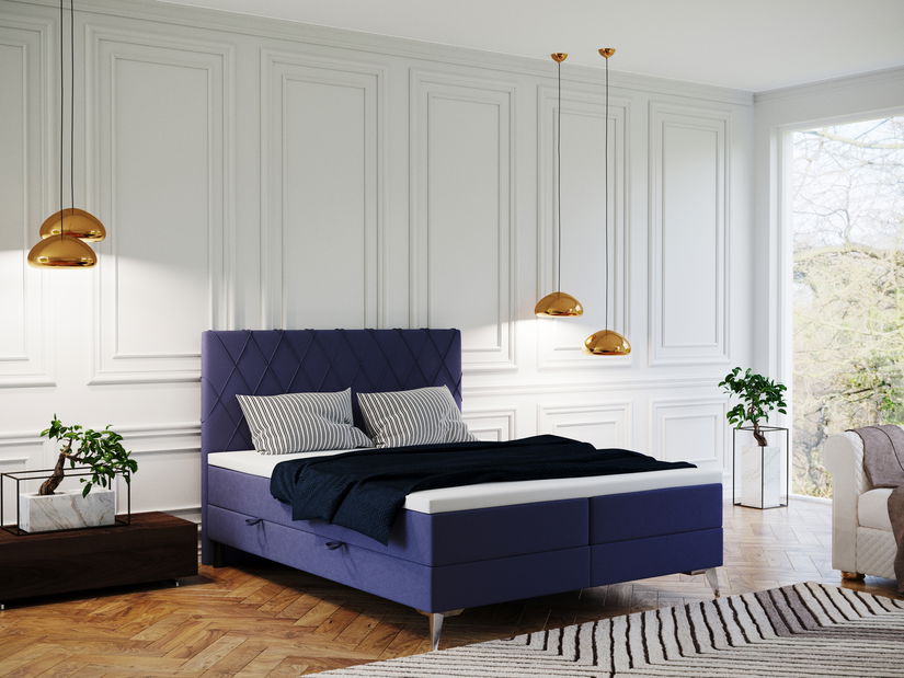 Pat matrimonial Boxspring 160 cm Miror (albastru închis) (cu sp. depozitare)