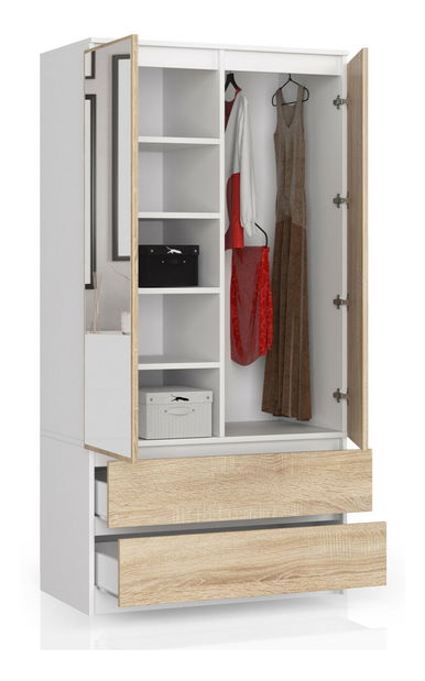 Šatníková skriňa Safwan II (biela + dub sonoma) (so zrkadlom)