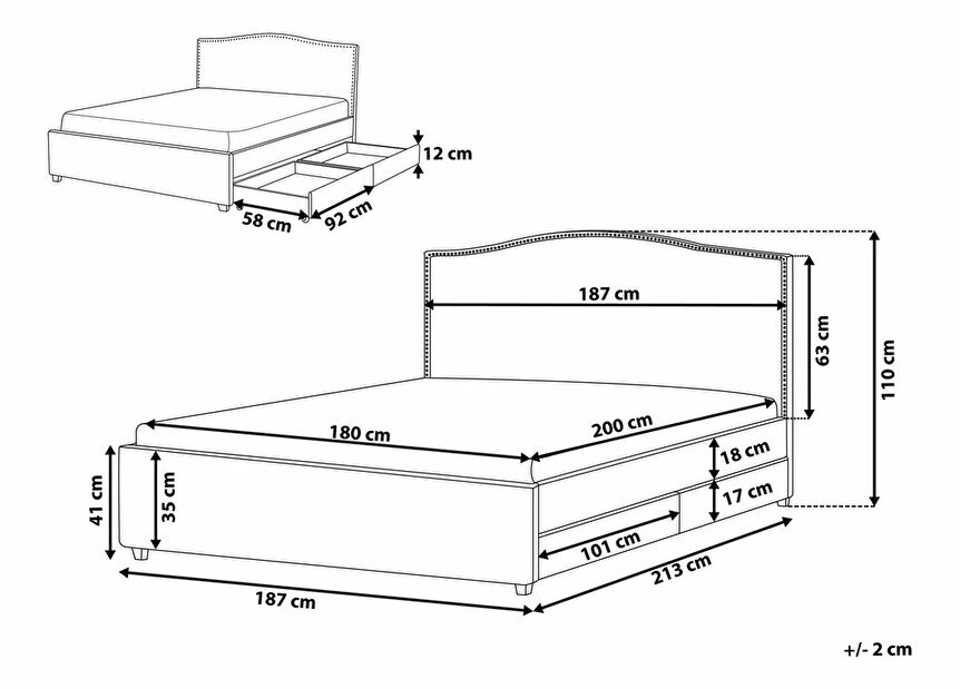 Franciaágy 180 cm MONTHY (ágyráccsal és tárolóhellyel) (szürke)