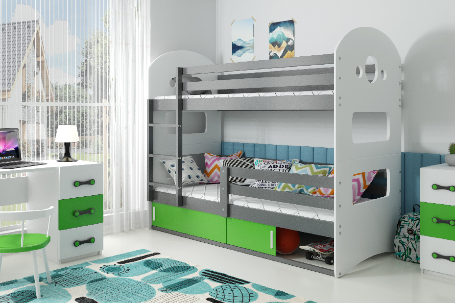 Poschodová posteľ 80 x 160 cm Domur (grafit + zelená) (s roštami, matracmi a úl. priestorom)