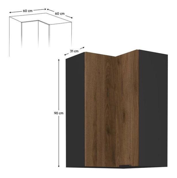 Felső sarok konyhaszekrény Monzesa 60x60 GN 90 2F (okapi dió + fekete) 