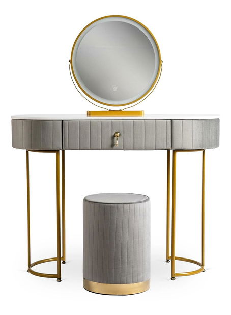 Toaletni stolić Afecto (siva + zlatna) (s tabureom i LED ogledalom)