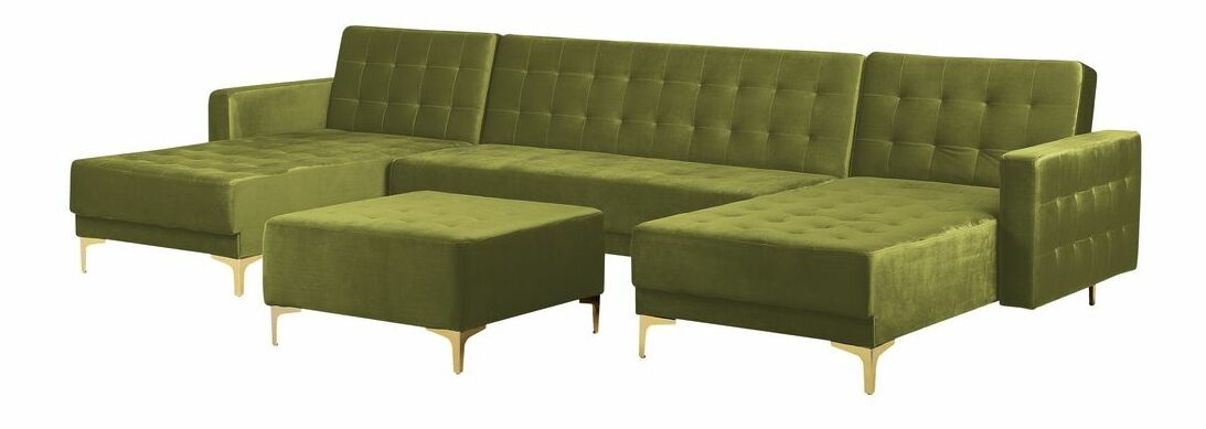 Rohová sedacia súprava s taburetkou U Aberde (zamatová zelená)