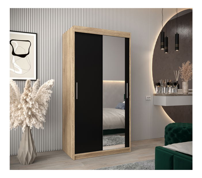 Dulap de haine 100 cm Toki 2 (stejar sonoma + negru mat)