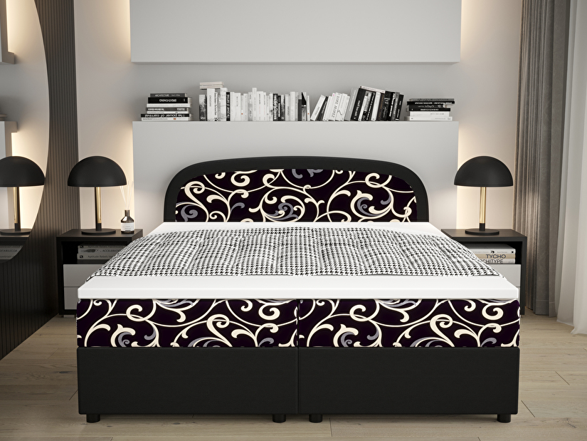 Bračni krevet Boxspring 180 cm Brick Comfort (crna + uzorak cvijet) (s madracem i prostorom za odlaganje)