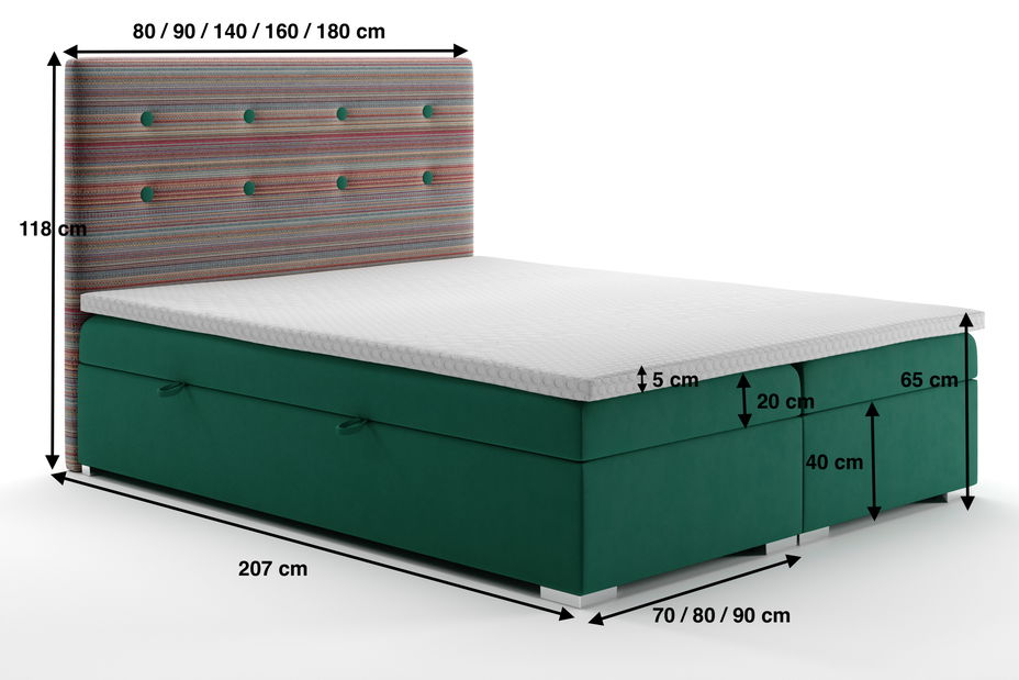 Manželská posteľ Boxspring 180 cm Rinoletto (tmavozelená + viacfarebné) (s úložným priestorom)