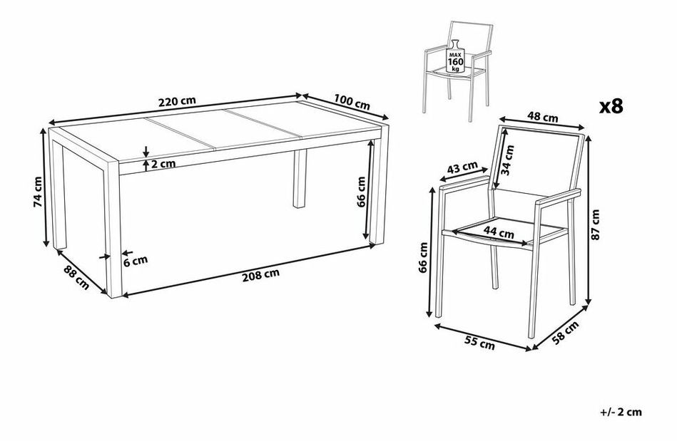 Set de masă pentru grădină Grosso (gri închis) (blat din sticlă 210x100 cm) (scaune gri)