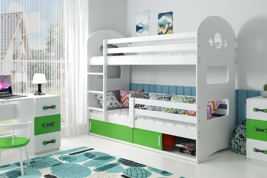 Poschodová posteľ 80 x 160 cm Domur (biela + zelená) (s roštami, matracmi a úl. priestorom)