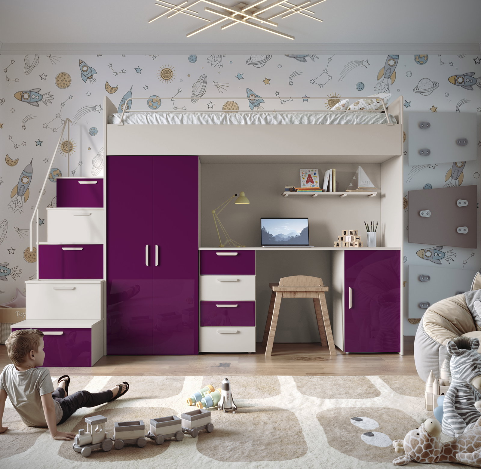 Dječji krevet Ruby IV S (kašmir + ljubičasti sjaj) (s podnicom)