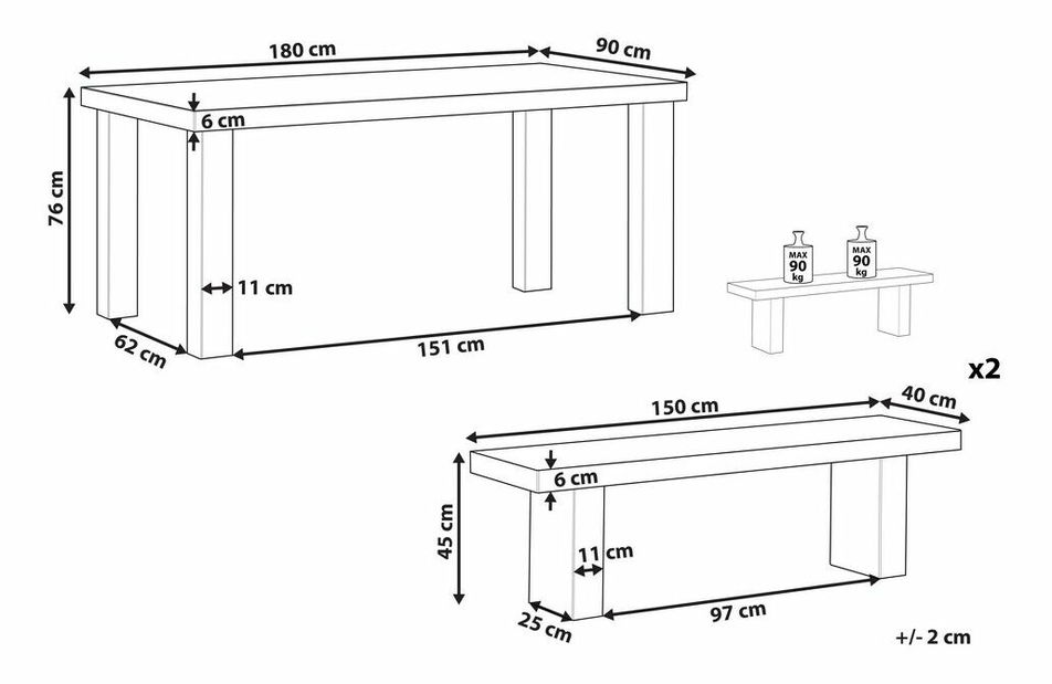 Set pentru grădină TONUTO (gri) (2 băncuțe) (pentru 4 persoane)