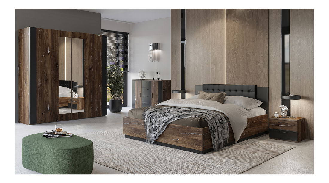 Pat matrimonial 180 cm Signat Typ 32 (Negru + Stejar flagstaff + fir argintiu)