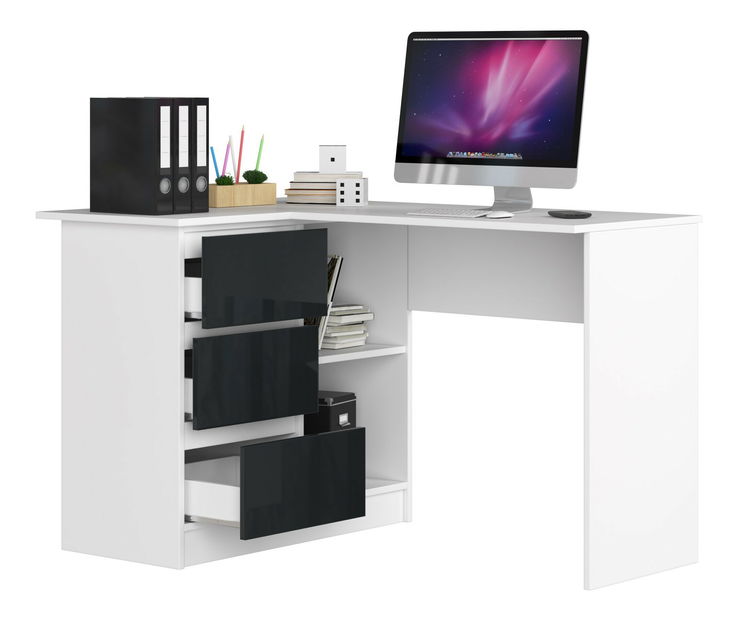 Masă PC de colț Bodhi (alb + grafit lucios) (S)