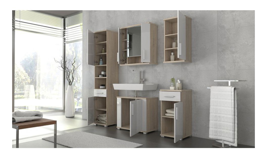 Dulap de baie suspendat cu oglindă Leah 01 (stejar sonoma + alb matná)