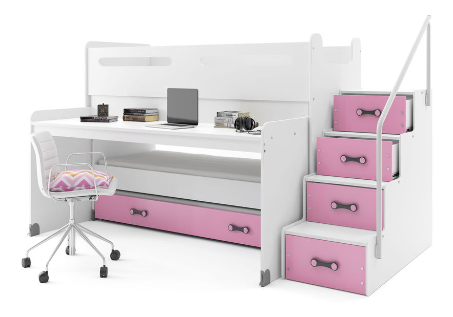 Poschodová posteľ 80 x 200 cm Moxxo 1 (biela + ružová) (s roštami, matracmi a úl. priestorom)