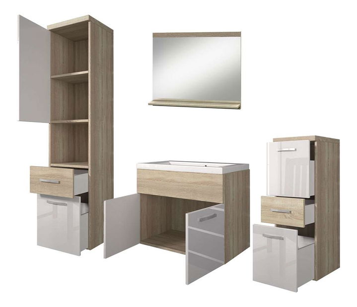 Mobilier baie Lunara (stejar sonoma + stejar sonoma + Alb lucios ) (cu sifon, cu baterie Economico)