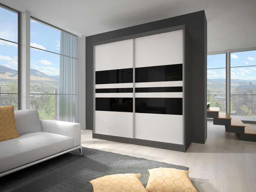 Ruhásszekrény Mebur 01 200 (grafit + Fehér + Fekete üveg)