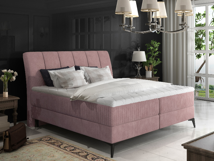 Pat matrimonial Boxspring 140 cm Alberto (roz) (cu saltele)