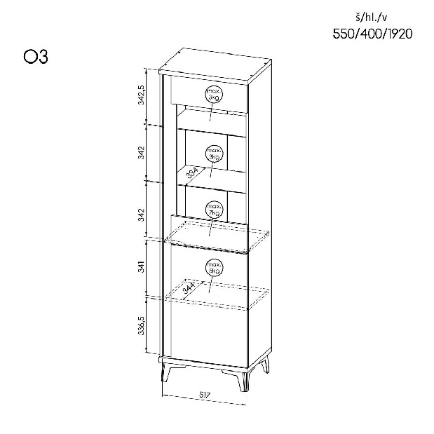 Regál typ O3 Onley (lesklá biela + dub riva)
