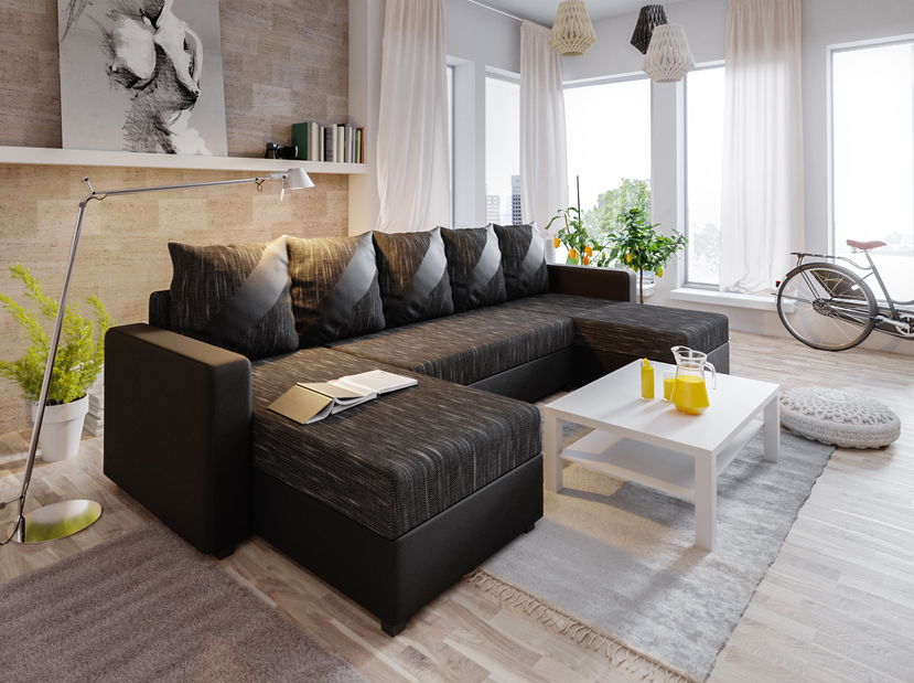 Rohová sedačka v tvare U Ardait (melírovaná čierna + čierna) (L)