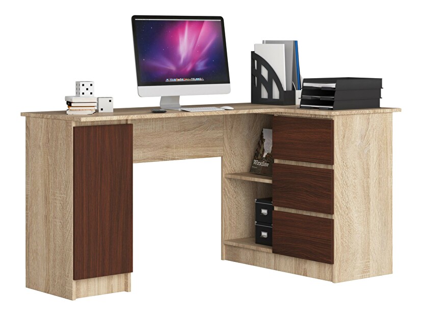 Rohový PC stolík Bevin (dub sonoma + wenge) (P)