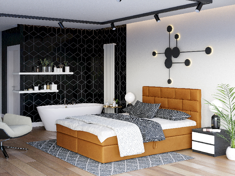 Kontinentálna posteľ 160x200 cm Waller Comfort (horčicová) (s roštom a matracom)
