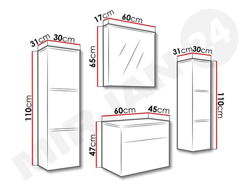 Mobilier baie Mendana (Alb + lucios negru) (cu sifon) (cu iluminat LED)