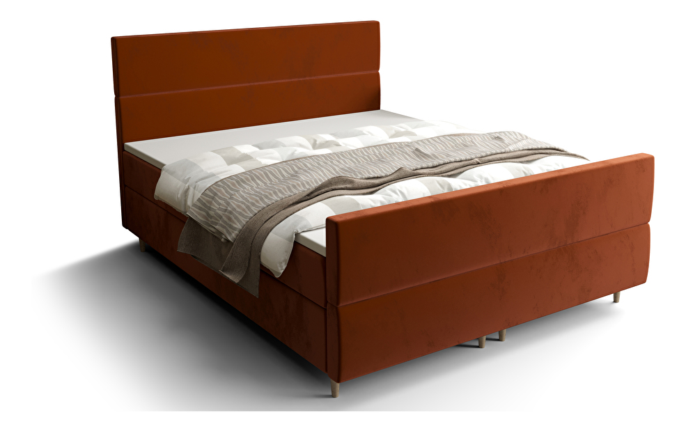 Pat matrimonial Boxspring 160 cm Flu Plus Comfort (maro portocaliu) (cu saltea și sp. depozitare)