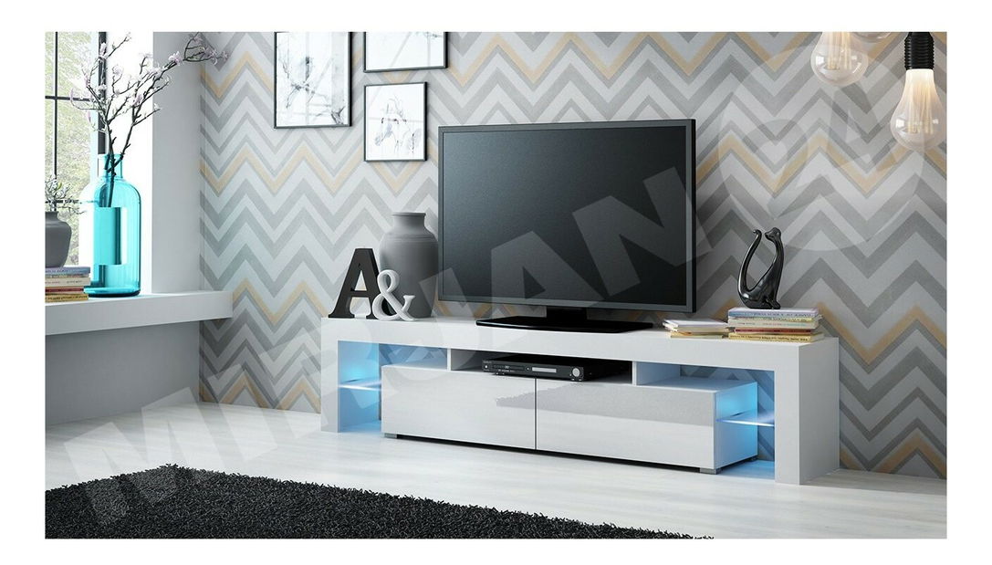 Masă TV/ Dulap Mirjan Milos (Alb + Alb lucios ) (iluminat LED Albastru)