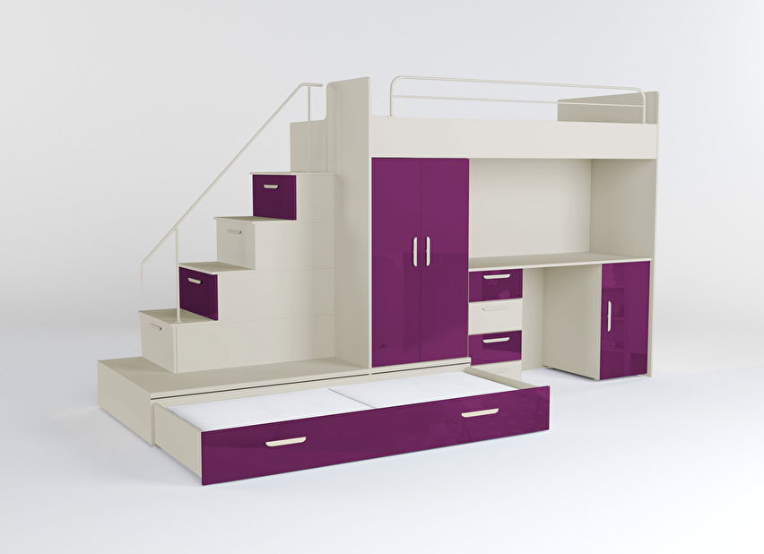 Pat pentru copii Ruby V (cașmir + violet lucios) (cu somiere)