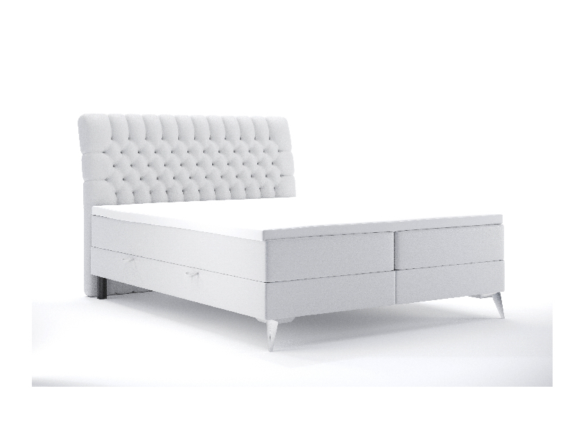 Pat matrimonial Boxspring 140 cm Molera (alb piele ecologică) (cu sp. depozitare)