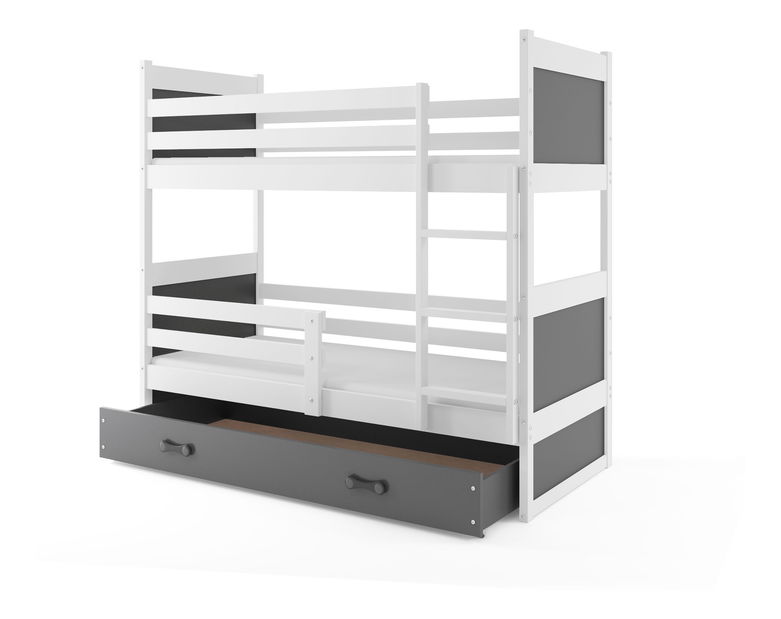 Emeletes ágy 90 x 200 cm Ronnie B (fehér + grafit) (ágyrácsokkal és tárolóhellyel)