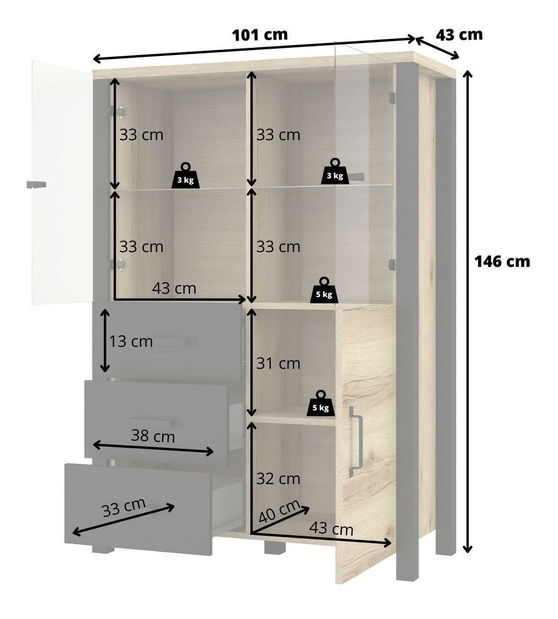 Vitrină Oralee Typ 44 (Stejar grand natural + negru mat)