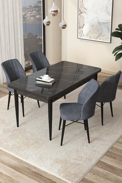 Set dining Arpo L (negru + marmură fumurie) (pentru 4 persoane)