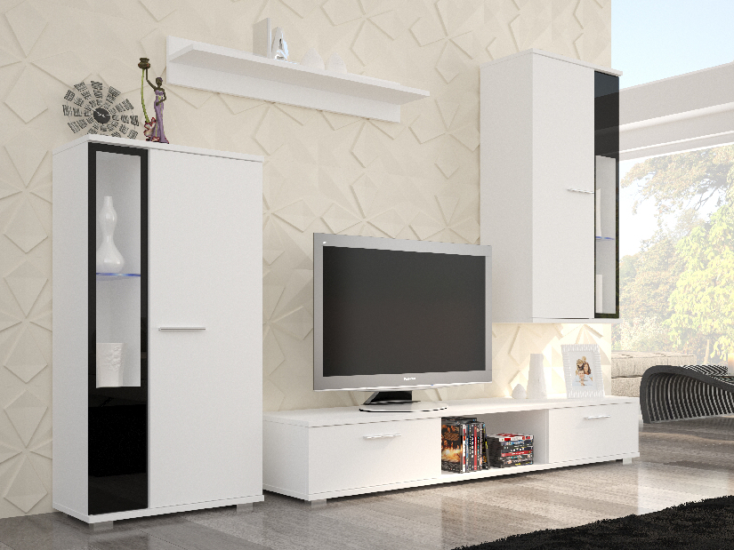 Mobilier living Levan (alb mat + negru lucios) (cu iluminat) *vânzare