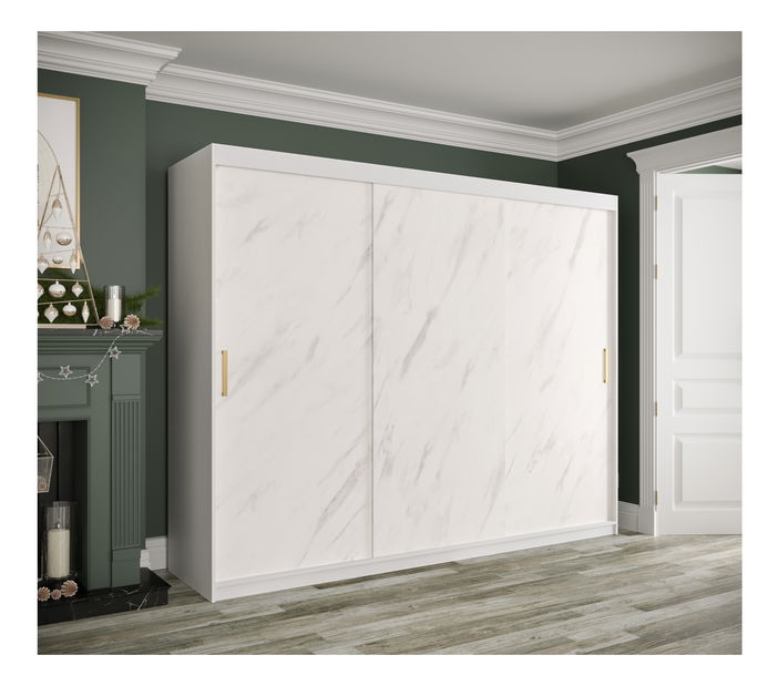 Šatníková skriňa 250 cm Marbelo T (matná biela + biely mramor)
