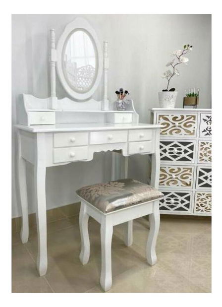 Masă de toaletă cu taburete Pompadour (cu iluminat LED) (Alb)