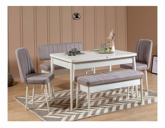 Széthúzható étkezőasztal 2 székkel és 2 paddal Vlasta (fehér + szürke)