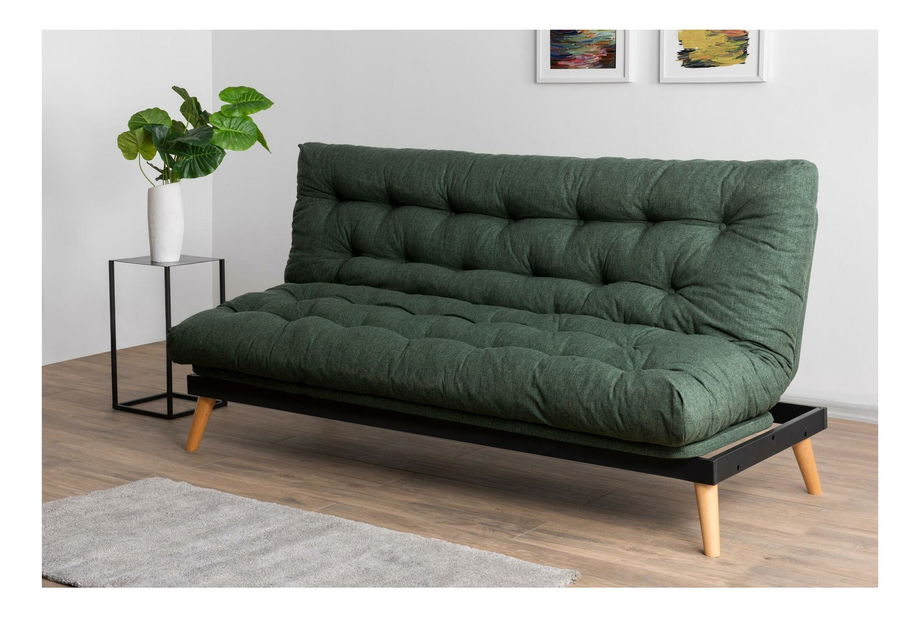 Rozkladacia pohovka Sakotta (zelená + drevo)