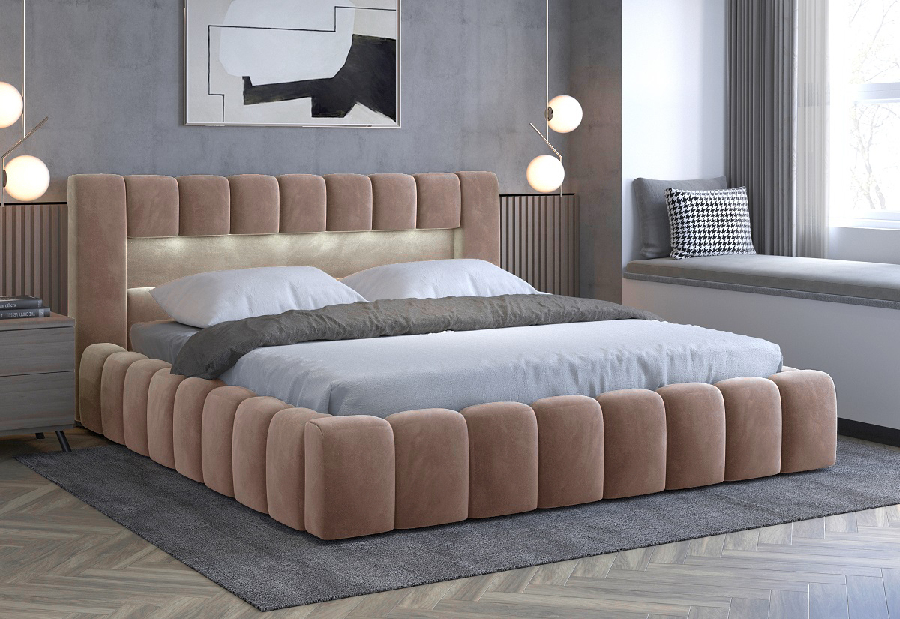 Manželská posteľ 140 cm Luxa (svetlohnedá) (s roštom, úl. priestorom a LED)
