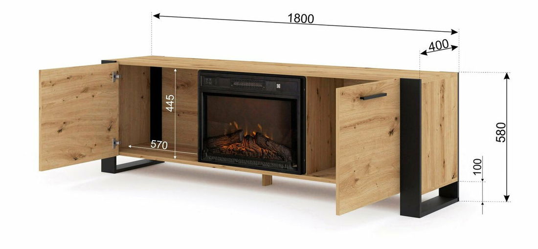 Masă TV cu șemineu Nulakka (Stejar artisan + Negru)