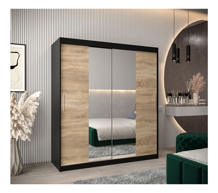 Ruhásszekrény 180 cm Toki 1 (matt fekete + szonoma tölgy)