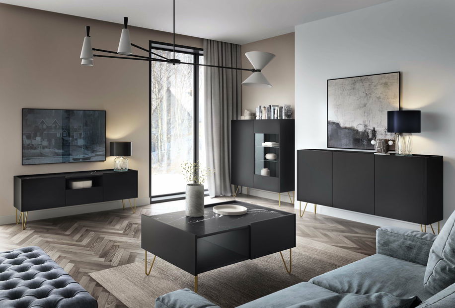 Mobilier living Harvest (grafit negru + mramor royal black + auriu) (fără iluminat)
