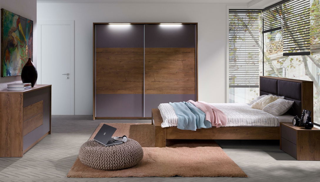 Pat matrimonial 160x200 cm Lataressa 1 (stejar burgund + alb lucios) (cu somieră)