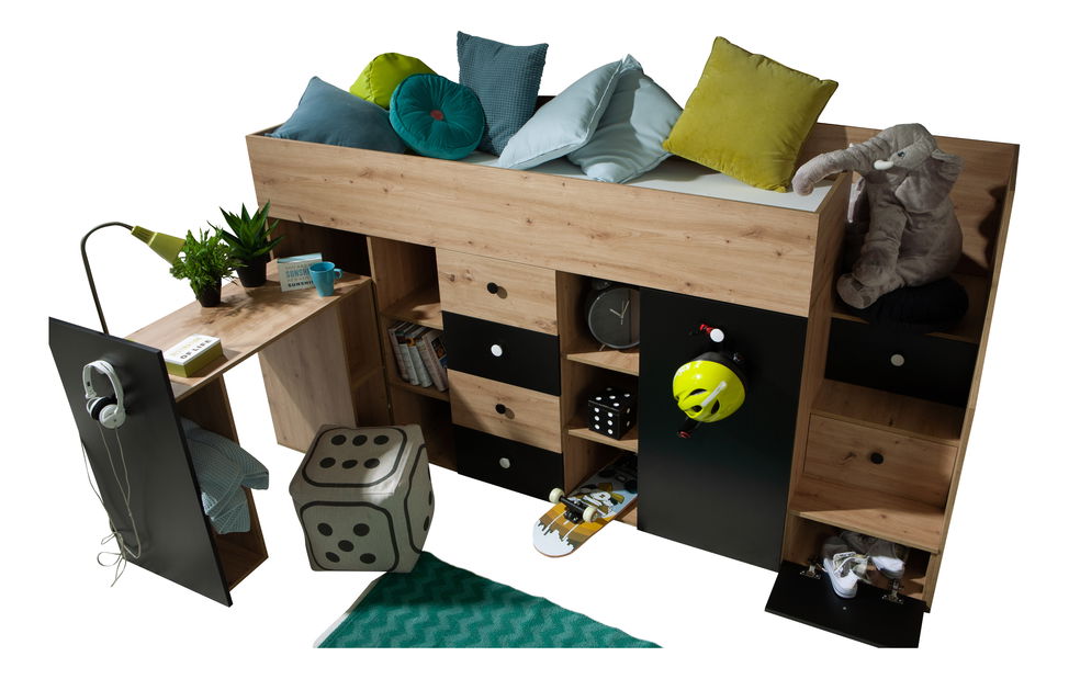 Pat pentru copii combinat 90 cm Sami 3 (Stejar artisan + negru mat + mânere albe) (D)